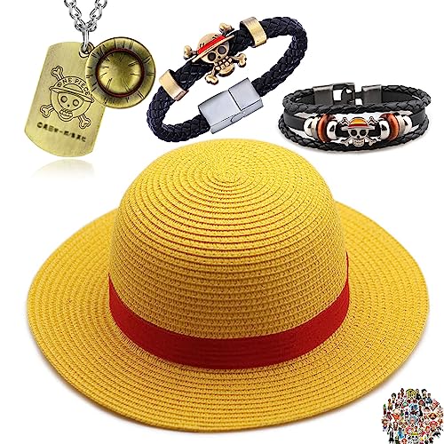 UoYu TFYU Straw Hat Cospaly Costume Party Men’s and Women’s Beach Sun Straw Hat Luffy Necklace Bracelets Anime Jewelry One P. Stickers 24 pcs