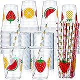 Blushtier 300 Pcs Fruit Disposable Plastic Cups with Lids and Straws 12oz Summer Party Favors Cups Fruit Disposable Clear Cups Summer Fruit Theme Party Supplies Favors