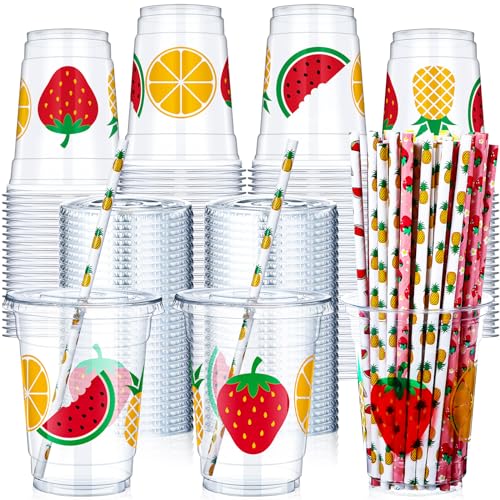 Blushtier 300 Pcs Fruit Disposable Plastic Cups with Lids and Straws 12oz Summer Party Favors Cups Fruit Disposable Clear Cups Summer Fruit Theme Party Supplies Favors