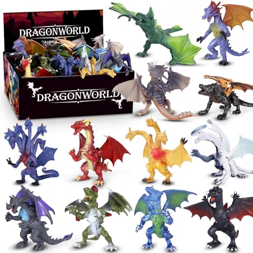 KarberDark 12 Pcs Dragon Toy Set with Gift Box, 4 Inch Realistic Mini Dragon Figures for Kids 3-5, 5-7, Party Favors, Birthday Decorations, Cake Toppers, Collectible Figurines for Boys Girls