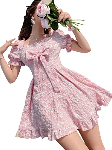 WDIRARA Women's Floral Print Square Neck Bow Front Puff Short Sleeve Ruffle Hem A Line Dress Pink S