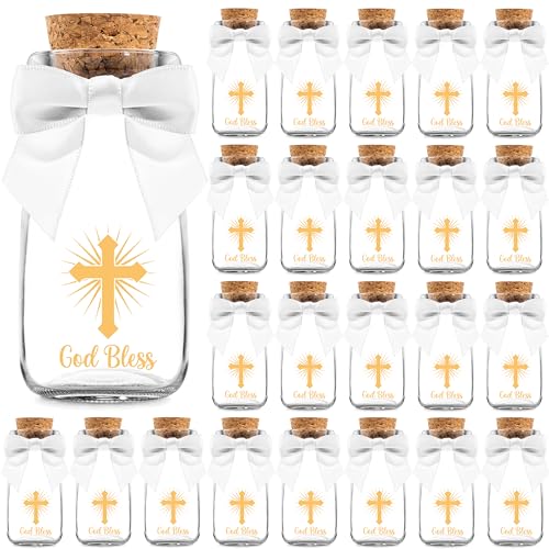 Ethisa Small 24 Pack Baptism Glass Bottles with Ribbons and Stickers - God Bless Party Favors for Baptism and 1st Communion - Bautizo Table Centerpieces Decorations - Baby Christening Theme Candy Jar
