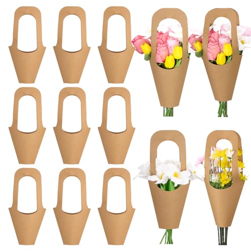 Flower Bags,100 Packs,Flower bags for Bouquets,Kraft Paper Flowers Gift Bags With Handle,Suitable for flower Shops, Weddings, Valentine's Day, Birthday Parties, Thanksgiving, Home Decoration (13.8Inches)
