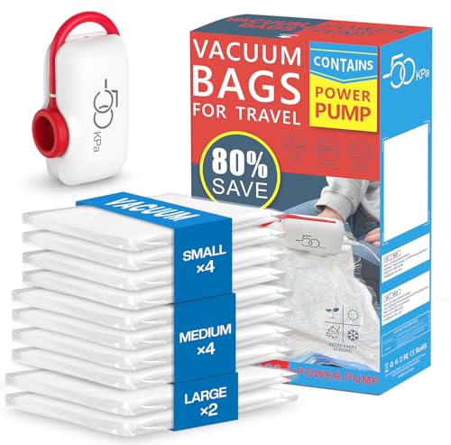 Vacuum Storage Bags for Travel, 10 Pack Vacuum Seal Bags for Clothing Travel, Vacuum Sealer Bags with High Pressure Electric Pump, Portable Space Saver Bags for Luggage Traveling