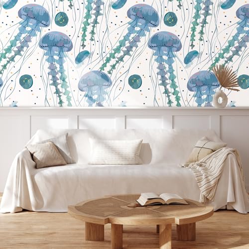 MUDECOR Wall Mural Playful Jellyfish and Sea Creatures Nature Wilderness Vintage Illustrations Removable Self-Adhesive Wallpaper Wall Decoration for Bedroom Living Room - 48"x144"