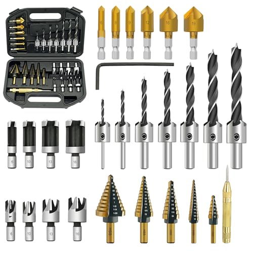 GMTOOLS 28Pcs Woodworking Chamfer Drilling Tools-Countersink Bit, Step Drill Bit Set, Wood Plug Cutter Drill Bit Set (2 Styles), 5-Flute Countersink Drill Bit, Positioning Punch and 1pc Hex Wrench