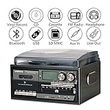 LoopTone Vinyl Record Player 9 in 1 3 Speed Bluetooth Vintage Turntable CD Cassette Player AM/FM Radio USB Recorder Aux-in RCA Line-Out (Black Edition)