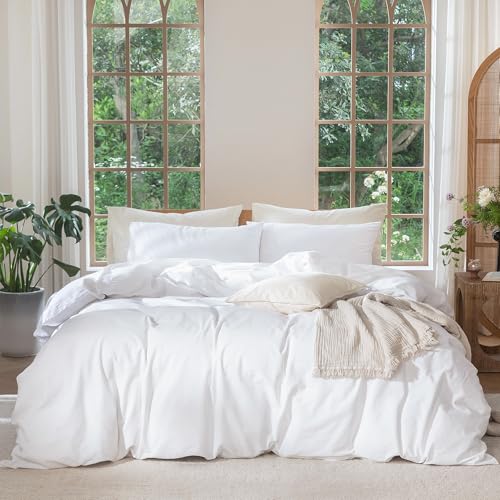 MooMee Bedding Duvet Cover Set 100% Washed Cotton Linen Like Textured Breathable Durable Soft Comfy (Solid Bright White, King 104"x90")