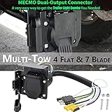 MECMO Multi-Tow 4-Way Flat to 7-Way RV Blade and 4-Way Flat Female End Trailer Wiring Adapter Connector Kit, 4 Pin Vehicle-Side Trailer Light Plug to Dual-output 7 Blade & 4 Flat with Mounting Bracket