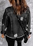 EVALESS Ladies Ripped Distressed Boyfriend Trucker Jacket Coat 2024 Trendy Fall Winter Washed Solid Color Long Sleeve Denim Jacket Black Medium