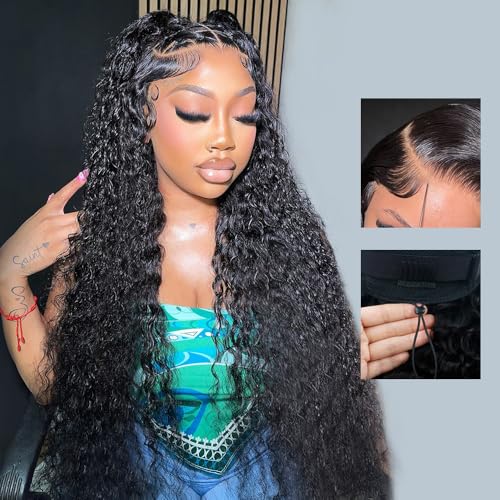 Goulus 7x6 Deep Wave Glueless Wigs Human Hair Pre Plucked Pre Cut 250% Density Drawstring Wig Human Hair Wear and Go Glueless Wigs for Black Women Natural Color #1B 26 Inch