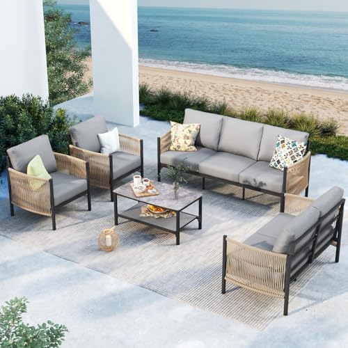 Oasbira Aluminum Outdoor Patio Furniture Set, HDPE Rope 5 Piece Modern Sectional Conversation Sets with Dual-Layer Coffee Table, All Weather Patio Couch Sofa with Thick Cushions, Gray Frame, Gray