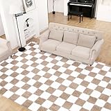 Super Soft Rug for Bedroom, 6x9 Ft Beige and White Area Rug Classic Checkered Shaggy Rug Anti-Skid High Pile Soft Fluffy Rug Fuzzy Carpet for Living Room Bedroom Kids Room Nursery, Dorm Home Decor