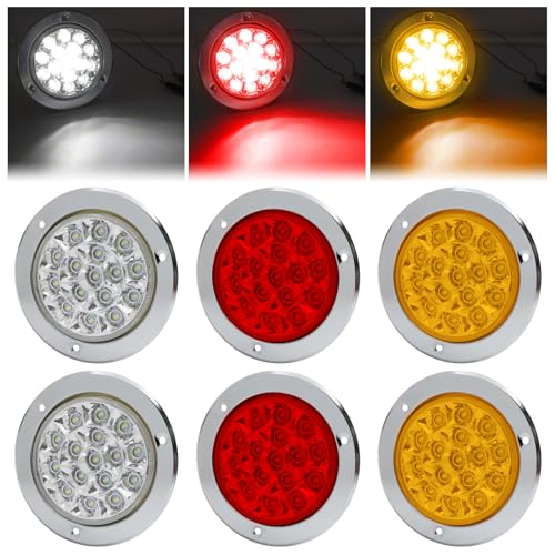 Ygmylandbb 4 inch round led tail lights, led tail lights for trucks, 4” round led tail lights with Chrome Bezel, Red White Yellow LED Lamps Compatible with Trucks RV, 12-24V, 6Pcs