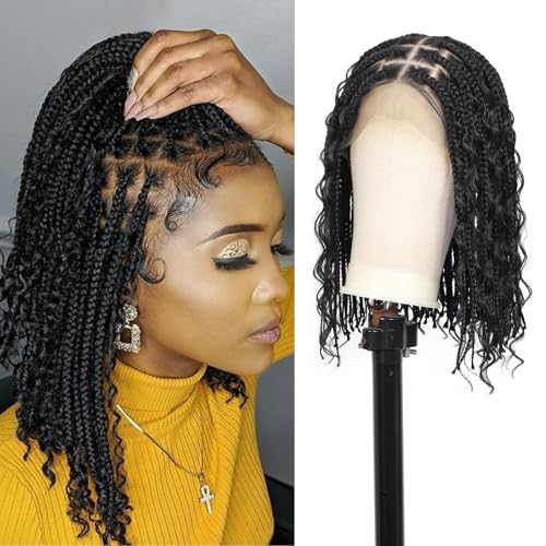 Kalyss 12inch 13x8 HD Lace Front Short Boho Braided Wigs for Women Full Lace Knotless Braided Wig with Bohemian Curly Box Braid Wig with Baby Hair Natural Black Premium Synthetic Braid Wigs