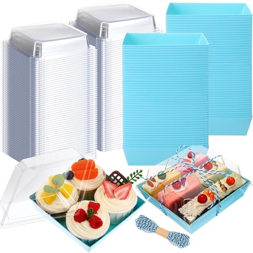 Zubebe 200 Pack Charcuterie Boxes with Clear Lids 5" Cookie Boxes Disposable Square Small Cake Case Take out Food Containers Cookie Containers for Cake Slice Sandwich Donut Muffin (Sky Blue)