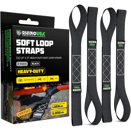 Rhino USA Soft Loop Tie Down Straps (4-Pack) - 1.6 Inch x 17 Inch (5,000 lbs Break Strength) Heavy Duty Motorcycle Handlebar Straps for use with Ratchets for ATV, UTV, Dirt Bike (Black)