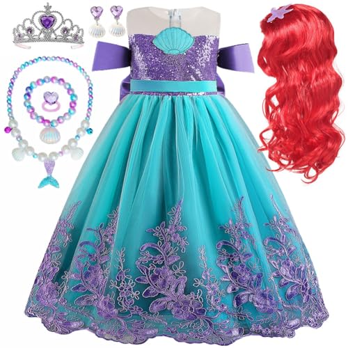 Princess Little Mermaid Costume for Girls Mermaid Wig Princess Ariel Cosplay Dress Up for Birthday Party Halloween Costume (130(5-6T))