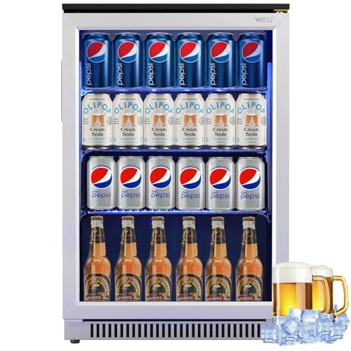 Weili 20 Inch Built in Beverage Fridge with Glass Door, 120 Can Under Counter Soda Beer Drink Refrigerator with Blue LED Light for Home Office or Bar, 36-50°F Auto Defrost