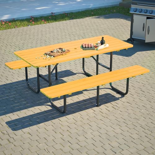 Rueekfil 72" Rectangular Commercial Picnic Table with Wooden Top, Metal Legs, Durable Outdoor Dining Table Camping Table with 1.97" Umbrella Hole for School, Warehouse, Yellow