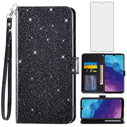Asuwish Phone Case for ZTE Blade A5 2020 with Tempered Glass Screen Protector and Glitter Wallet Cover Card Holder Slot Kickstand Cell Accessories Protective Flip A 5 5A 2020 4G LTE Women Men Black