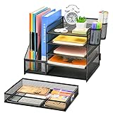 Marbrasse Desk Organizer with File Holder, 5-Tier Paper Letter Tray Organizer with Drawer and 2 Pen Holder, Mesh Desktop Organizer and Storage with Magazine Holder for Office Supplies(Black)