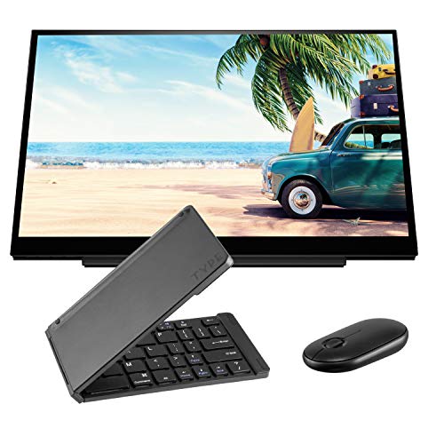 HP E14 FHD (1920 x 1080) Portable Travel Monitor Bundle with USB Type-C, Black Matte Bluetooth Folding Wireless Keyboard, and Black Pebble M355 Bluetooth Wireless Mouse