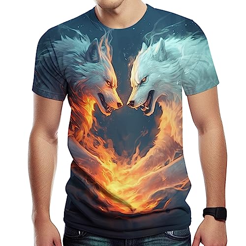 Girren Men's Fire Wolf Pack Pattern T-Shirt 3D Printed T-Shirt Novelty Pattern T-Shirt Fashion Top,Black2,XL