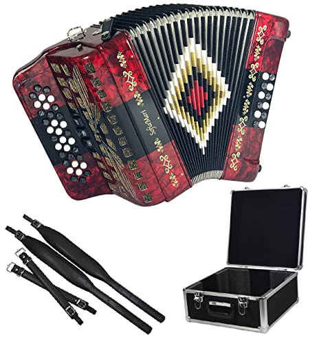 SofiaMari NSM3412 Accordion Package: 34 Button, 12 Bass, 3 Switch Accordion with Case and Straps (Sol/GCF, Red Black Red)