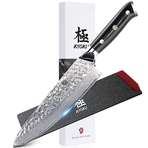 KYOKU Chef Knife - 8"- Shogun Series Japanese VG10 Steel Core Hammered Damascus Blade Kitchen Knife - with Sheath & Case