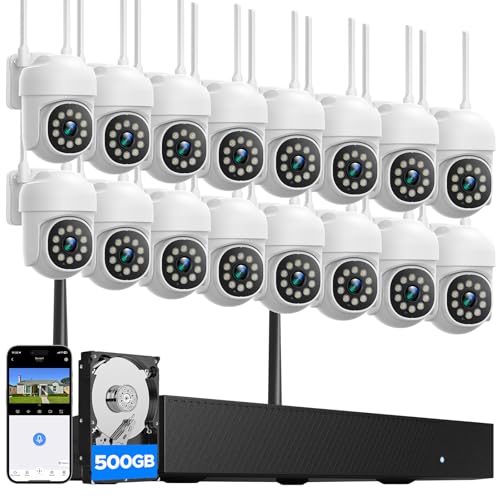 CAMCAMP Home Security Camera System, 16CH 4K NVR, 16PC PTZ WiFi Security Cameras Wireless Outdoor with Auto Human Tracking, 2 Way Audio, Smart Night Vision, CCTV Surveillance Kit(16, White)