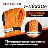 Autodunk 1-1/8" x 30' Kinetic Recovery Tow Rope (48,600lbs), with 2 Soft Shackles Offroad Recovery Kit for 4WD Pick Up Truck, SUV, ATV, UTV (Orange)