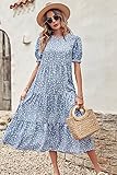 PRETTYGARDEN Women's Summer Casual Boho Dress Floral Print Ruffle Puff Short Sleeve Flowy Midi Beach Party Dresses (Blue,X-Large)