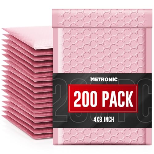 METRONIC 4x8 Bubble Mailers 200Pack, Waterproof Light Pink Padded Mailers, Self Seal Padded Envelope for Small Business Packaging Supplies Bubble Mailer Usable Size 4x7