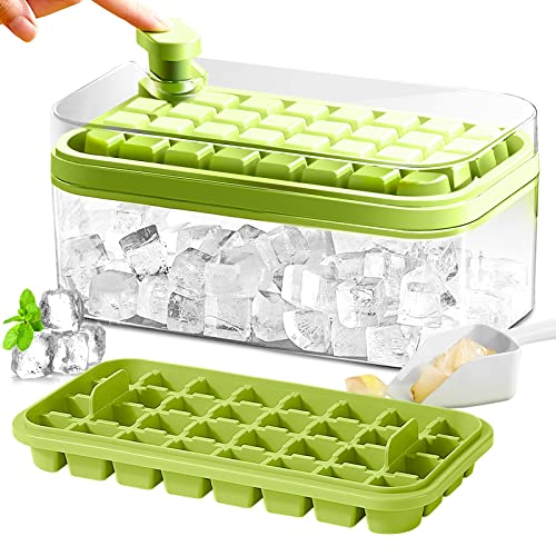 Ice Cube Tray with Lid and Bin, 2 Pack for Freezer, 64 Pcs Ice Cube Mold (Green)