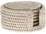 La Jolla Handwoven Round Rattan Coasters with Holder Set of 6 Honey Brown