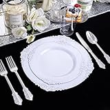 Nervure 350PCS Silver Plastic Plates - Silver Plastic Dinnerware Sets for 50 Guests - 100 Silver Disposable Plates, 150 Silver Plastic Silverware, 50 Cups, 50 Napkins for Wedding & Party