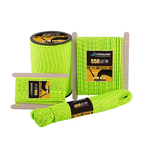 FISHLUND Reflective Paracord 550 lb, 7 Strand Type III Paracord Rope 1000ft 4mm, High Strength Nylon Parachute Cord for Camping, Survival, Fishing, Tactical and Hiking, Neon Green