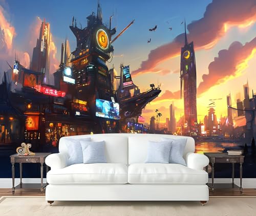 NIVFOEASC Wall Mural Peel and Stick Punk Cityscape Neon Street Game Scene Japanese Anime Lights Large Wallpaper Self Adhesive Contact Paper Removable 3D Wall Sticker for Living Room Bedroom Furniture