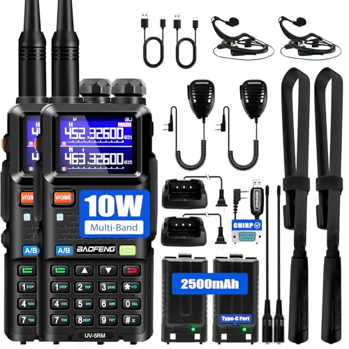 BAOFENG 5RM Ham Radio 10W Long Range Handheld NOAA Weather Receiver 2500mAh Battery UV-5RM Radio with Programming Cable,Speaker Mic,Tactical Antenna,Type-C Charging,2Pack