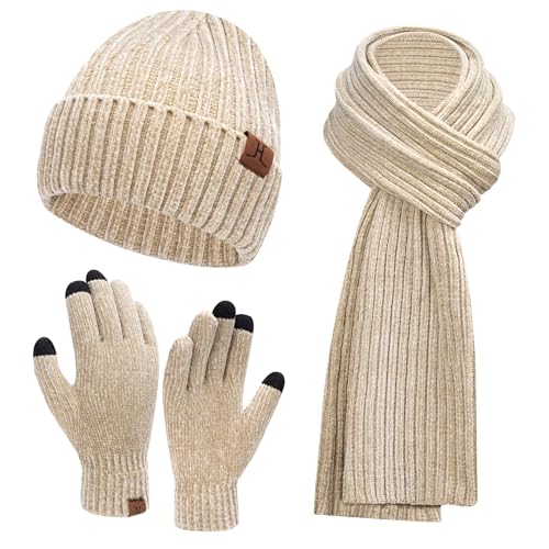 Womens Winter Knit Warm Hat Beanie Long Scarf Touch Screen Gloves Set Skull Caps Neck Scarves for Women Men Beige