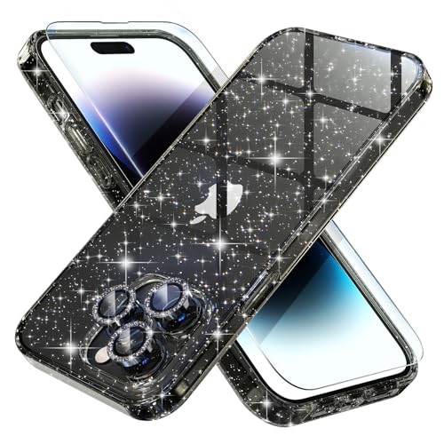 Choiche Compatible for iPhone 14 Pro Max Case Cute, Women Clear Glitter Bling Sparkly Case, [3 x Diamond Camera Lens Protectors] [2 x Tempered Glass Screen Protectors] 6.7-inch (Glitter Black)