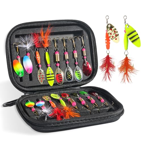 16pcs Fishing Lures Spinner Baits, Trout Bass Salmon Lures Kit with Treble Fishing Hooks & Rooster Tail, Fishing Gears Spinnerbait Spoons Baits for Freshwater Saltwater Trout Walleye, Gift for Men