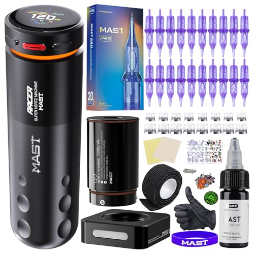 Mast Racer Pro Tattoo Gun Kit Cordless Pen Machine 20 Cartridges Needles 2 Batteries Power Supply Black Ink Complete Set
