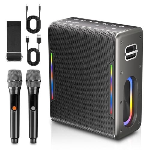 Karaoke Machine with Two Wireless Microphones, Powerful Portable Bluetooth Speaker for Adults & Kids, PA System with 2 Voice Mode, LED Lights, Supports BT/TWS/AUX/USB/TF for Party (Black)