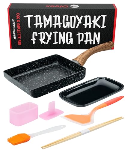 Oleex Tamagoyaki Pan Set – Japanese Omelette Pan with Kitchen Cooking Tools Like Musubi Mold, Spatula & Other Omelet Accessories – Multifunctional PFOA-Free Nonstick Square Frying Pan – 5x7 Inches