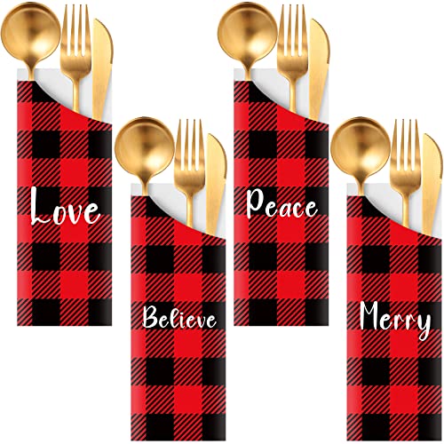 100 Pcs Christmas Silverware Bags Disposable Christmas Utensil Cutlery Holder Paper Xmas Flatware Tableware Holder Bags for Christmas Home Wedding Party Table Decorations, 4 Styles(Buffalo Plaid)