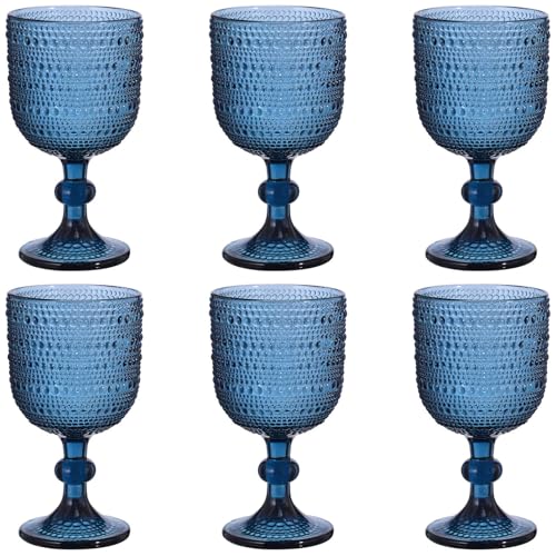 Taganov Glasses Drinking Wine Water Goblets Glassware set of 6 Vintage Stem Glasses Stemware 12 Ounces for Wedding Party Bar Twill Pattern Striped 350 ml (Blue)