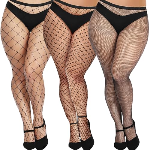 Buauty Plus Size Fishnet Stockings for Women - 3 Pairs Sexy Fishnets Tights, Halloween Fish Net Stockings,Gothic Clothes