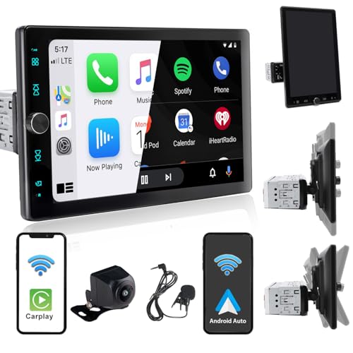 Alondy Single Din Car Radio Touchscreen (10.4" Rotatable) Compatible with Apple CarPlay [Wireless] Android Auto Car Stereo Bluetooth USB AUX SD Backup Camera